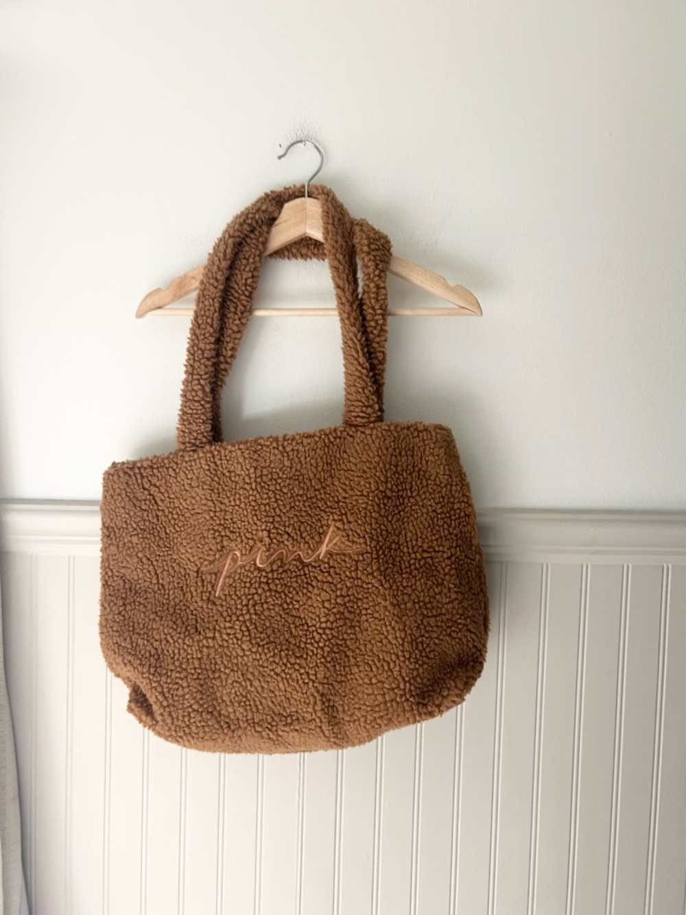PINK Victoria’s Secret Brown Sherpa Tote Bag Plush Fleece Snap Closure